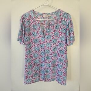 LOFT Floral Shortsleeve Crepe Blouse - Pink and Blue (Size Large)